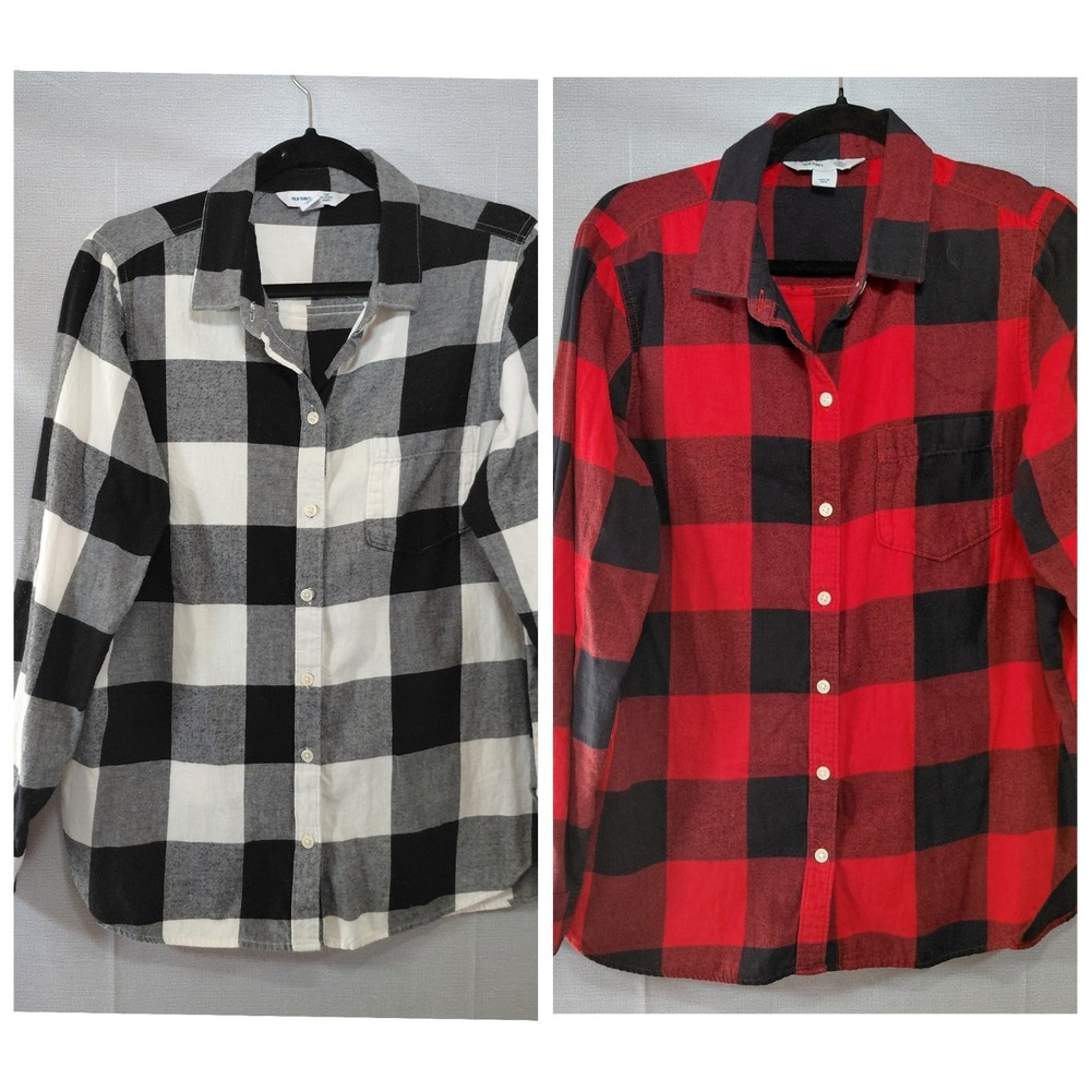 Old Navy The Classic Shirt Set Of 2 Flannel Buffalo Check Long Sleeve Womens LG